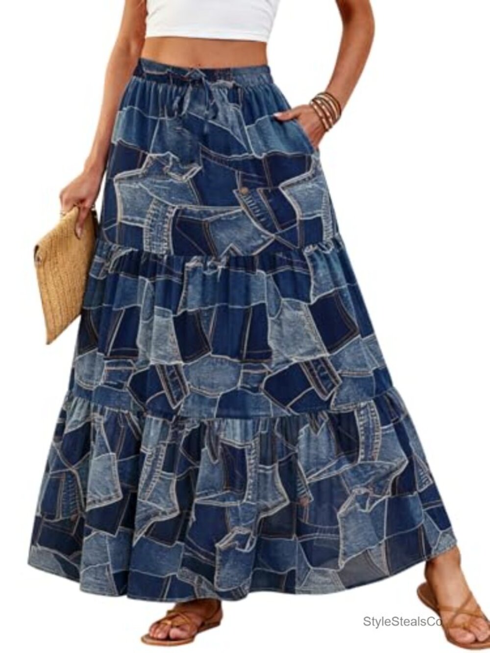 Flowy Tiered Boho Maxi Skirt with Pockets A-Line Chiffon